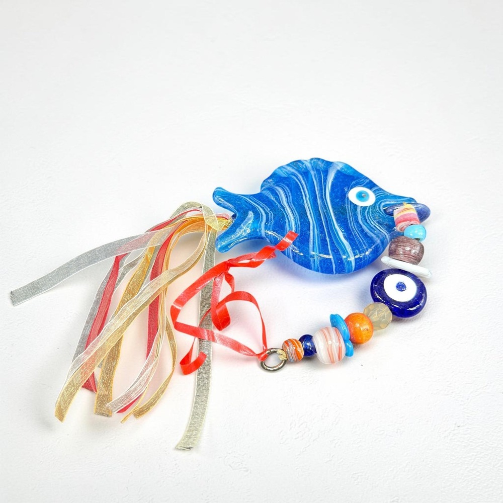 Handmade Blue Swirled Glass Fish Evil Eye Wall Hanging Nazar Charm 11 Inch VTG